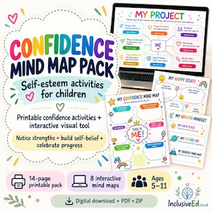 May include: A Confidence Mind Map Pack for children featuring printable self-esteem activities and interactive visual tools. The set includes 14 pages, 8 interactive mind maps, and digital files for ages 5-11, displayed on a laptop screen and printed sheets.