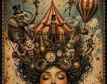 Steampunk Circus Poster, Vintage Maximalist Wall Art (A2 Digital Download)