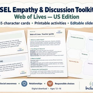 Könnte beinhalten: Das SEL Empathy & Discussion Toolkit Web of Lives US Edition enthält 65 Charakterkarten, einen Lehrerleitfaden und druckbare Arbeitsblätter. Die Materialien zeigen Texte über Daniel und Amira, Diskussionsanregungen und ein Netzdiagramm.