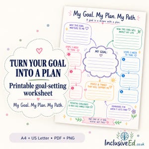 May include: A printable goal-setting worksheet titled My Goal. My Plan. My Path. featuring a central cloud shape for a goal, surrounded by colorful boxes for steps, support systems, and challenges, with text including Turn Your Goal Into A Plan.