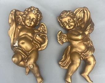 Homco Querubines Decoración de Pared Juego 2 OS Dorado Años 70 Ángel Putti 70s 1120