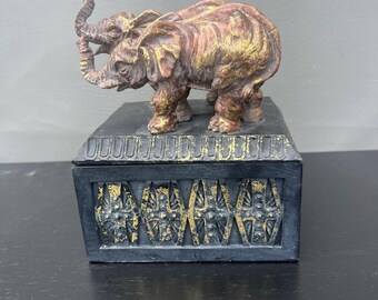 Elephant Trinket Jewelry Treasure Box 5" X 6" Decor Vintage