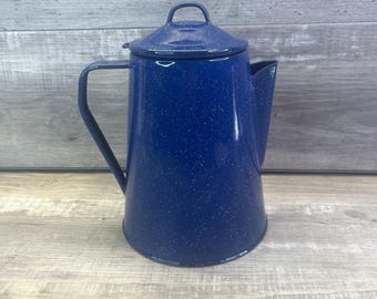 Blue Speckled Enamelware Coffee Pot Campfire Cookware Vintage Kettle
