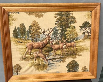 3D Stuffed Fabric Framed Picture of Deer in the Woods Oak Framed Vintage 60s 70s