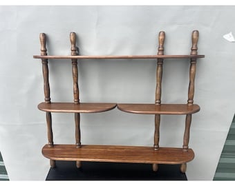 Vintage Wall Mounted 3 Tier Wooden Spindle Knick Knack Shelf MCM
