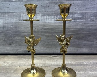 Solid Brass Candle Stick Holder Pair Cherub Angel Flute Harp Made In India VTG