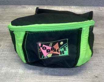 Jordache Waist Fanny Pack Belt Bag Black Neon Green Nylon Vintage 80s 90s