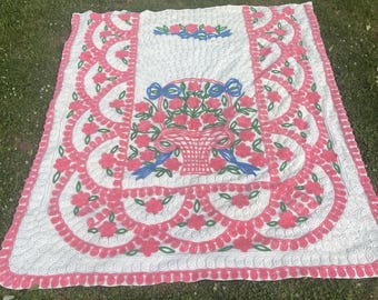 Vintage Chenille Bedspread Pink Blue Flower Basket Shabby Chic Design 98x85"