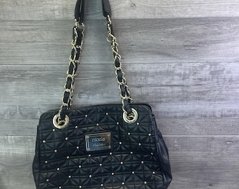 Nicole Miller Handbag Black Gold Chain Straps Studded Purse Chic Glam Y2K