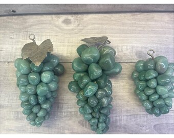 MCM Decorative Polished Aventurine Grape Gemstone Clusters Metal Leaves Vintage