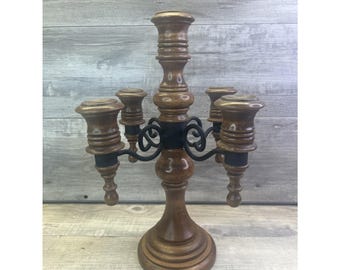 Wooden Iron Candelabra 5 Arm Candle Holder Vintage 70s MCM Goth Farmhouse