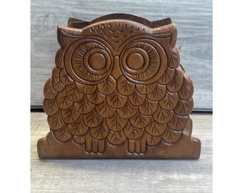 Wooden Owl Napkin Letter Holder Vintage 70s Retro MCM Carved Wood