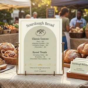 May include: A farmers market scene with a sign for "Sourdough Bread" and a chalkboard that says "Fresh Today." Baskets of bread and pastries are displayed. Business cards for "Sourdough Bakery" are in a wooden holder.