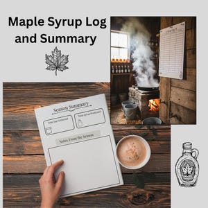 May include: Image of a maple syrup log and summary. The image includes a log sheet, a drawing of a maple leaf, a drawing of a maple syrup bottle, and a cup of coffee. The text on the log sheet says "Season Summary", "Total Sap Collected", "Total Syrup Produced", and "Notes From the Season".