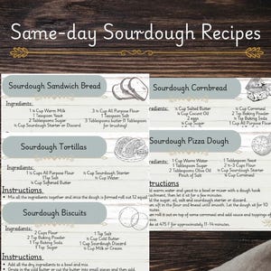May include: A recipe sheet on a wooden background, titled "Same-day Sourdough Recipes." It includes recipes for sourdough bread, cornbread, tortillas, pizza dough, and biscuits, with ingredients and instructions.