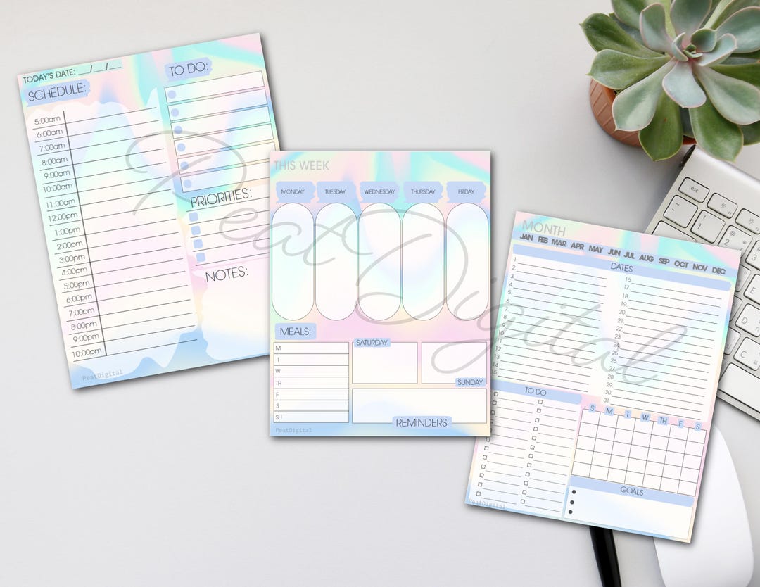 Daily Weekly Monthly Planner Bundle | Iridescent Printable PDF | Pastel ...