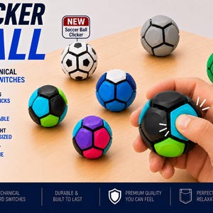 May include: A collection of spherical fidget toys shaped like soccer balls, featuring mechanical keyboard switches. The balls come in various color combinations including black and white, blue and white, green, and purple and pink.