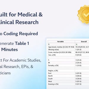 Peut inclure: Tableau de données avec des informations statistiques, telles que l'âge et le sexe. Le texte indique : « Conçu pour la recherche médicale et clinique », « Aucun codage requis » et « Générer le tableau 1 en quelques minutes ».