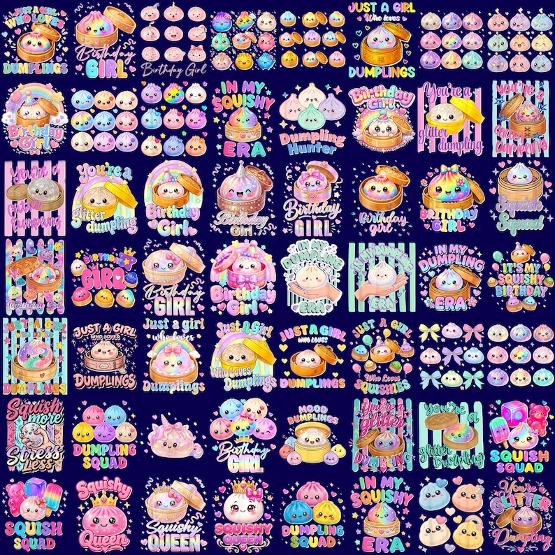 Puede incluir: Un patr&oacute;n digital con numerosas ilustraciones de dumplings de dibujos animados en vaporeras de bamb&uacute;, algunos con colores arco&iacute;ris, coronas o lazos, intercalados con frases de texto como "Birthday Girl" y "Squish Squad" sobre un fondo azul oscuro.