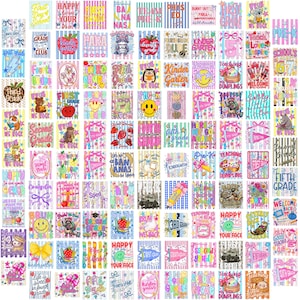 May include: A collection of rectangular stickers featuring colorful school-themed illustrations, including apples, animals, and text such as First Grade, Kindergarten, and Pre-K, arranged in a grid pattern on a white background.