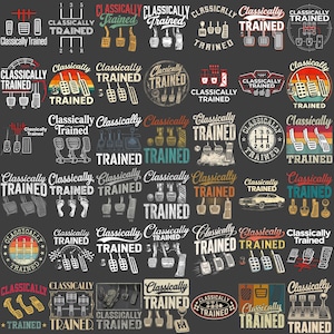 Könnte beinhalten: Eine Sammlung von Designs im Vintage-Stil mit Autopedalen und dem Schriftzug "Classically Trained". Die Designs variieren, darunter Retro-Grafiken, Abzeichen und Textanordnungen, alles auf dunklem Hintergrund.
