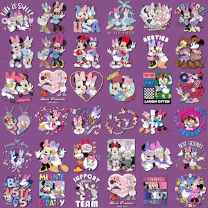 May include: A collection of colorful Minnie Mouse and Daisy Duck graphics on a purple background. The designs include various poses, text, and heart shapes. Some designs feature the words "Best Friends," "Minnie," and "Daisy."