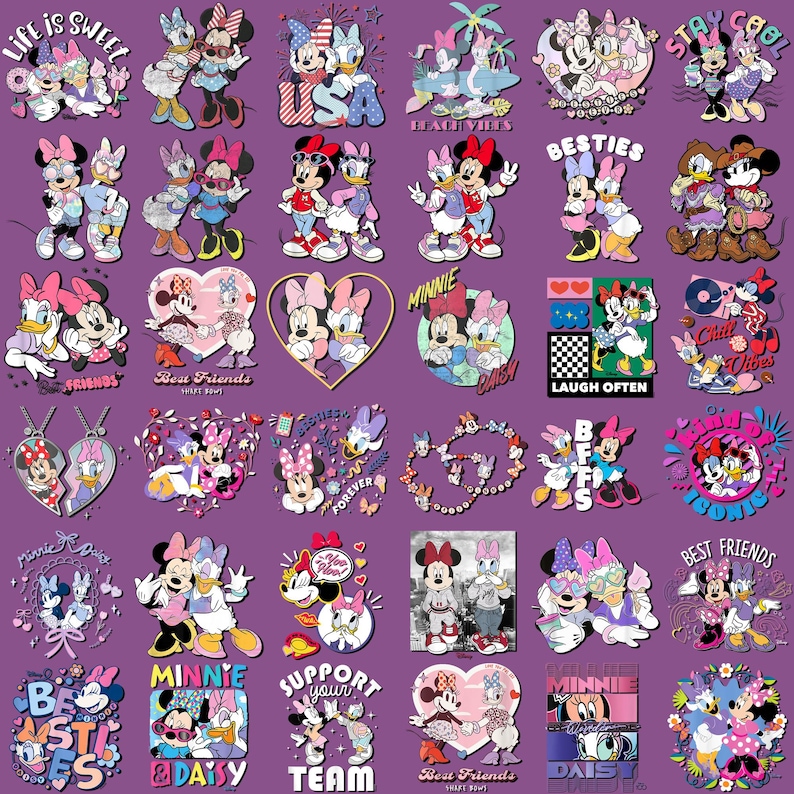 May include: A collection of colorful Minnie Mouse and Daisy Duck graphics on a purple background. The designs include various poses, text, and heart shapes. Some designs feature the words "Best Friends," "Minnie," and "Daisy."