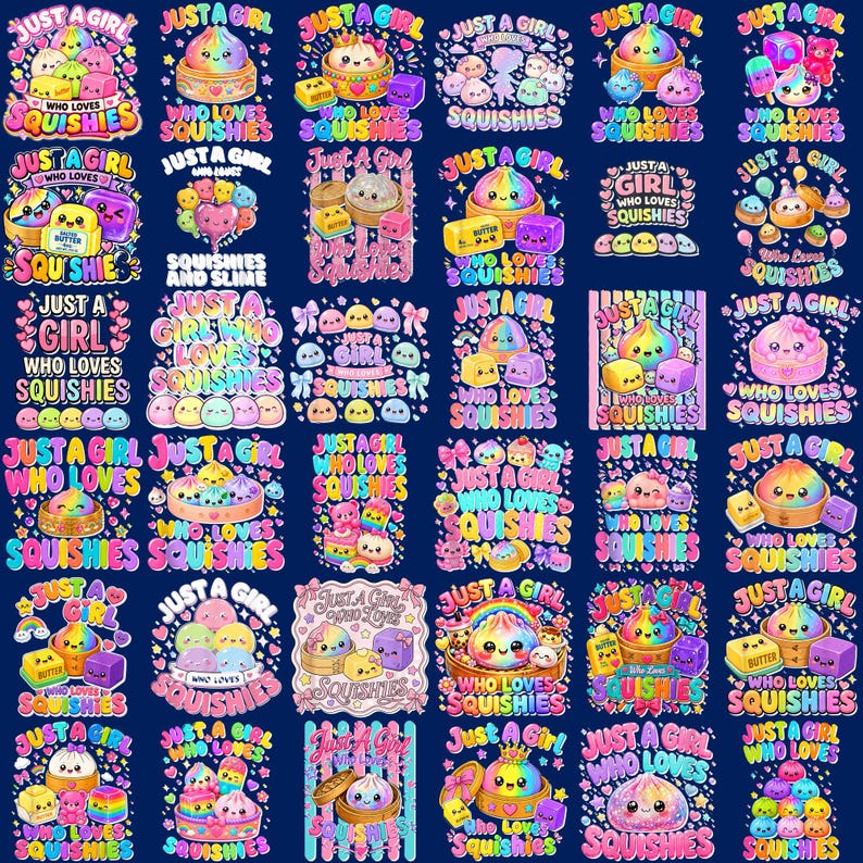 K&ouml;nnte beinhalten: Eine Sammlung von f&uuml;nfunddrei&szlig;ig bunten Grafikdesigns auf dunkelblauem Hintergrund, die jeweils Squishy-Spielzeug, Teigtaschen und Butterbl&ouml;cke im Cartoon-Stil mit dem wiederkehrenden Text Just A Girl Who Loves Squishies in verschiedenen Schriftarten zeigen.