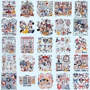 Pode incluir: Uma coleção de designs patrióticos com Mickey Mouse, Minnie Mouse, Pato Donald e outros personagens da Disney. Os designs incorporam bandeiras americanas, fogos de artifício e texto celebrando o 250º aniversário dos EUA.