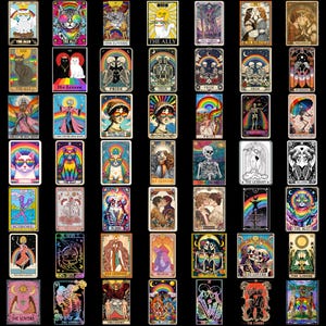 May include: A selection of tarot cards with diverse illustrations. The cards depict cats, skeletons, couples, and rainbows. Some cards have text including "The Lovers," "Pride," and "The Ally."