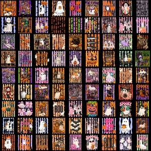Può includere: Un foglio digitale che presenta una griglia di ottanta disegni grafici individuali a tema Halloween. Ogni quadrato mostra varie illustrazioni tra cui fantasmi, zucche, pipistrelli e scheletri su sfondi a righe verticali arancioni, viola e neri.