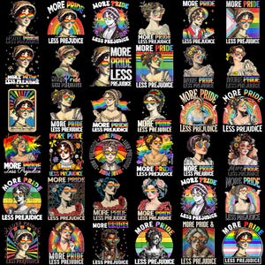 May include: A collection of Pride-themed graphics featuring portraits of women wearing rainbow-tinted sunglasses. Each graphic includes the phrase "More Pride, Less Prejudice" in various designs, with rainbow and Pride flag elements.