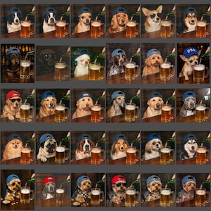 Op de afbeelding: Een collage van honden met baseballpetten en zonnebrillen, elk met een bierpul. De honden zijn van verschillende rassen en kleuren, tegen een achtergrond van een bar. Het bier wordt in de glazen geschonken.