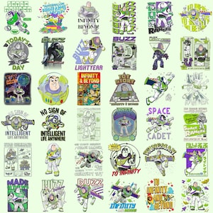 May include: A collection of Buzz Lightyear graphic designs in various styles. The images feature Buzz Lightyear in different poses, with text like "Infinity & Beyond" and "Toy Story". The color palette includes green, purple, and white.