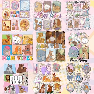 May include: A collection of colorful stickers featuring various cartoon characters with their mothers. The stickers include the text "Mom Vibes" and "Happy Mother's Day". The designs are in a variety of shapes and sizes.
