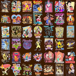 May include: A collection of colorful graphic designs featuring characters from the Goofy Movie. The designs include various characters, text, and retro-style graphics. The images are arranged on a brown background.