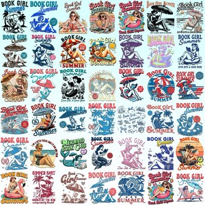 Puede incluir: Una colección de cuarenta y dos diseños gráficos con el texto Book Girl Summer, que representan varias ilustraciones de personas leyendo libros en entornos al aire libre como playas, piscinas y tumbonas con sombrillas y elementos veraniegos.