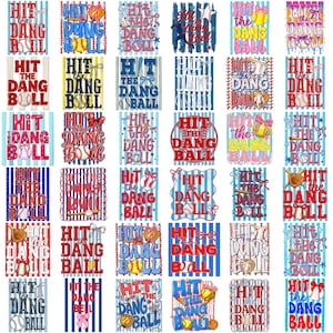 May include: A collection of baseball-themed designs with the phrase "Hit the Dang Ball" in various fonts and colors. Each design includes baseballs, bats, and gloves, set against striped backgrounds.