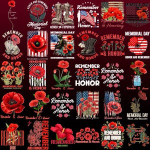 May include: A collection of designs for Remembrance Day, featuring red poppies, the Union Jack, military boots, and the phrases "Remember & Honour" and "Memorial Day." The designs are on a dark red background.