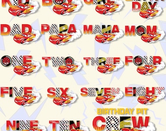 Cumpleaños personalizado de niño (Png), Cumpleaños de McQueen (Png), Viaje familiar 2025 (Png), Cumpleaños de coche de carreras con edad y nombre (Png), Equipo de Pixar Cars (Png), Modo vacaciones (Png)