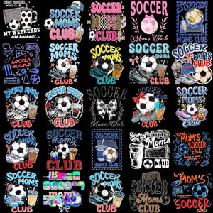 Puede incluir: Una colección de diseños con temática de fútbol sobre un fondo negro. Los diseños presentan balones de fútbol, ​​botas de fútbol, ​​tazas de café y el texto "Soccer Moms Club". Algunos diseños incluyen el texto "¡Mis fines de semana están reservados!" y "Soccer Mama."
