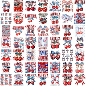 Puede incluir: Una colección de diseños patrióticos con cerezas, lazos y la palabra "America" en rojo, blanco y azul. Los diseños incluyen banderas, estrellas y rayas, perfectos para el Día de la Independencia.