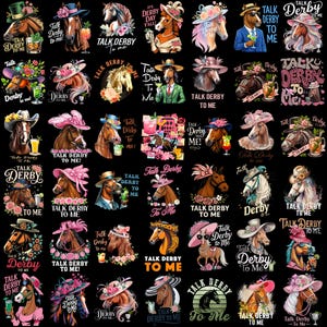 May include: A collection of horse illustrations, each adorned with hats and accessories, set against a black background. Text includes "Talk Derby to Me" and "Derby Day Y'all". The images feature vibrant colors and a festive theme.