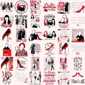 May include: A selection of stickers with fashion-related illustrations and text. The stickers feature images of high heels, fashion illustrations, and quotes like "The Devil Wears Prada." The colour palette includes red, black, and white.