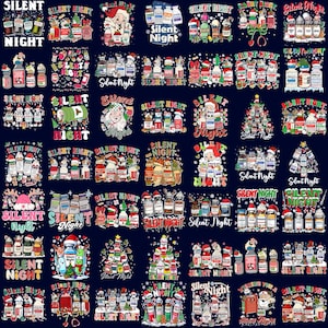 May include: A collection of digital graphic designs featuring medical vials, syringes, and stethoscopes decorated with Christmas elements like Santa hats, ornaments, and trees, with the text Silent Night in various colourful fonts and styles.