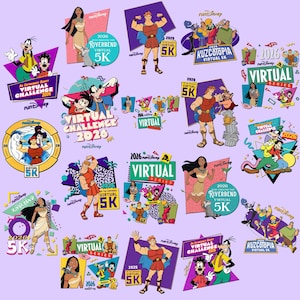 Puede incluir: Una colección de gráficos coloridos de eventos runDisney con varios personajes de Disney. Los gráficos incluyen el texto "2026 Virtual Series", "Riverbend 5K", "Kuzcotopia Virtual 5K" y "Virtual Challenge 2026". Los diseños están sobre un fondo lila claro.