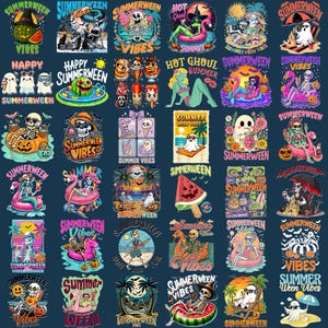May include: A collection of thirty-five graphic designs featuring skeletons, ghosts, and ghouls in summer settings. The illustrations include motifs like beach chairs, flamingos, watermelons, and palm trees with the text Summerween Vibes.