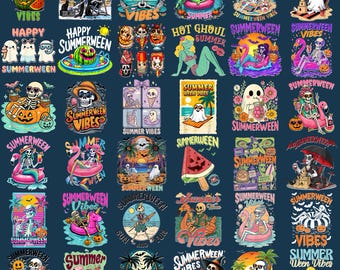 Más de 30 imágenes PNG divertidas de Halloween de verano, gráficos de cócteles con fantasmas adorables, diseños de camisetas de verano para chicas a la moda, descarga digital.