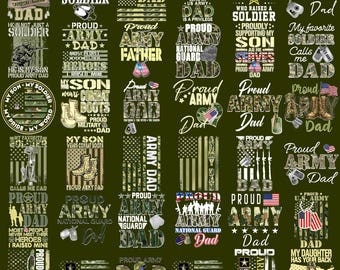 May include: A collection of thirty graphic designs featuring military-themed text and imagery, including American flags, combat boots, dog tags, and silhouettes of soldiers, all set against a dark olive green background for apparel printing.