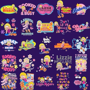Op de afbeelding: Een verzameling kleurrijke Lizzie McGuire-afbeeldingen op een donkerpaarse achtergrond. De ontwerpen tonen het stripfiguur in verschillende poses met tekst als "Booked & Busy", "Totally!" en "Cute Girl Comin' Through..."